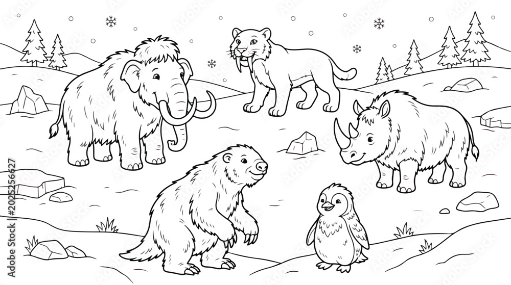 Αυτοκόλλητο Prehistoric ice age animals coloring page vector, woolly mammoth and saber-tooth