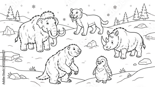 Canvastavla Prehistoric ice age animals coloring page vector, woolly mammoth and saber-tooth
