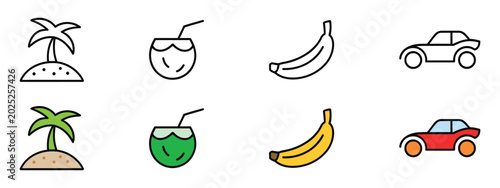 Fotografia Summer vacation and tropical beach travel icon set