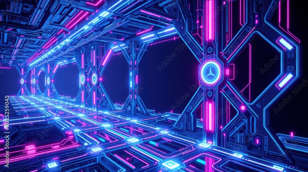 Fototapeta premium Neon corridor extends into darkness. Vibrant blue, pink lines create futuristic space. Geometric patterns dominate perspective.