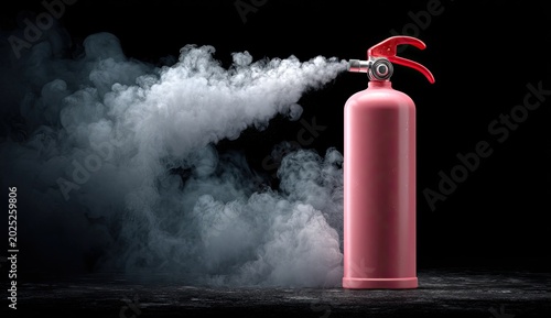 Pink extinguisher sprays thick white smoke against dark background