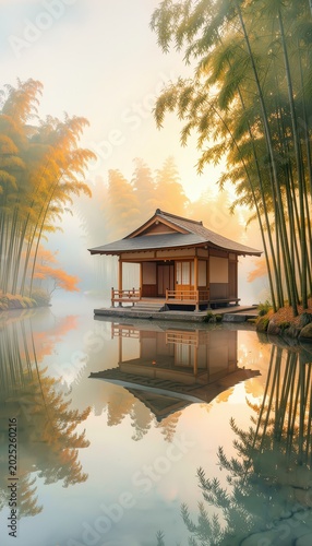 Wooden Pavilion Reflected in Calm Lake Surrounded by Bamboo