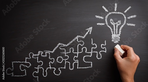Chalk drawing of puzzle pieces forming a rising graph leading to a lightbulb