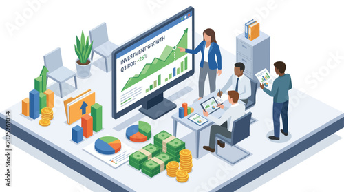 Business people analyzing financial data and investment growth on a computer screen, isometric illustration.