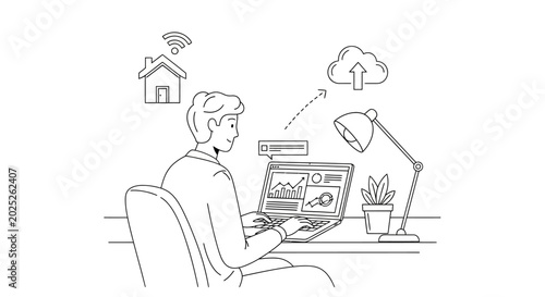 Man analyzing business data on laptop in home office