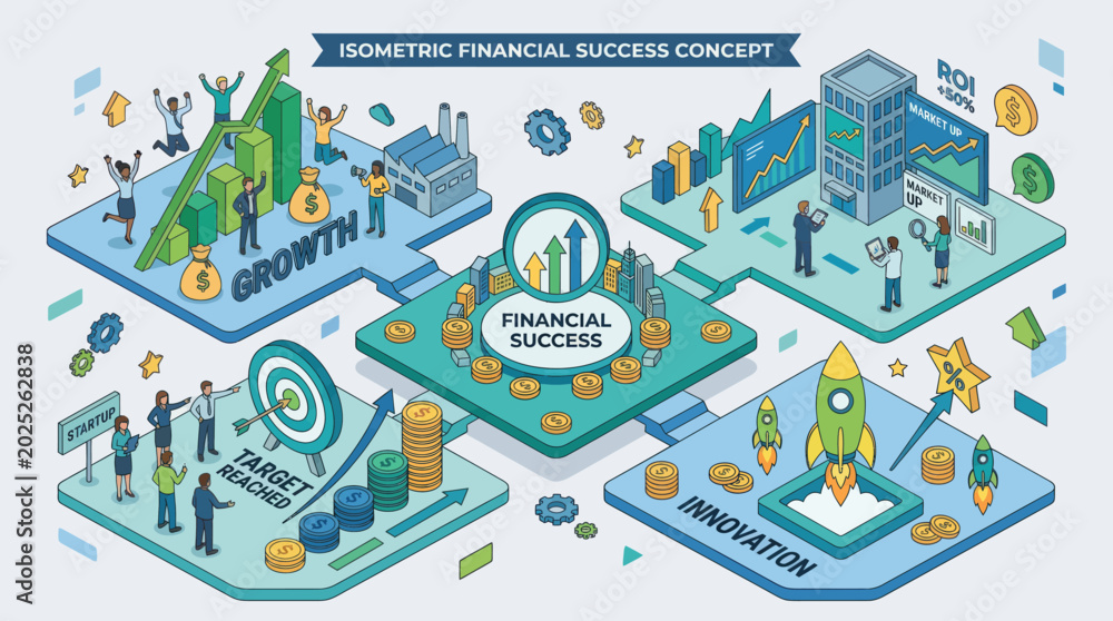 Obraz premium Isometric financial success concept with business growth, target achievement, innovation, and strategic planning.