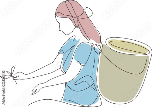 Konstfotografi Tea garden worker plucking leaves vector illustration in continuous line art style