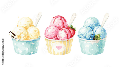Konstfotografi Watercolor illustration of three cups of ice cream with various flavors and toppings