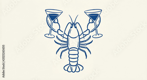 Cuadro en lienzo Vintage lobster line art illustration holding martini glasses, nautical seafood