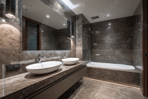 Luxurious marble bathroom with double vanity, bathtub, and modern fixtures