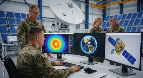 Military Personnel Monitoring Global Satellite Data and Space Technology in High-Tech Command Center