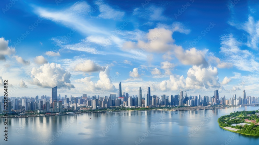 Fototapeta premium Aerial view of a city skyline on the water in Wuhan