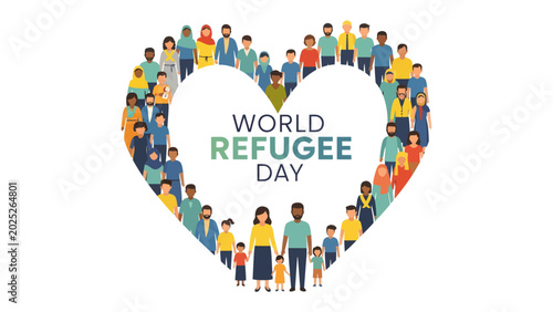 Schilderij op canvas Heart of Humanity: A vibrant illustration depicts a diverse community forming a heart shape, celebrating World Refugee Day with messages of hope and solidarity