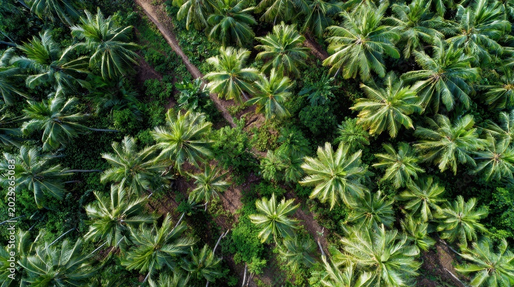 Fototapeta premium Aerial view of a forest of coconut tree pattern