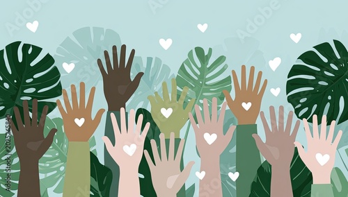 Diverse Hands Raised with Hearts Symbolizing Unity and Love.