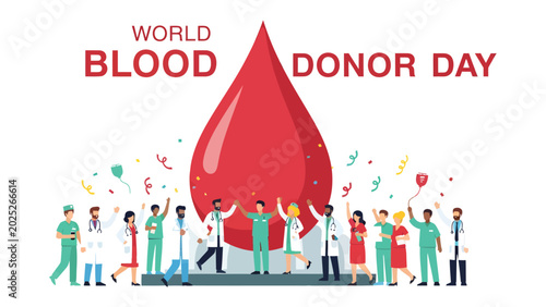 Foto World Blood Donor Day Celebration: A vibrant illustration depicting healthcare professionals and donors celebrating World Blood Donor Day
