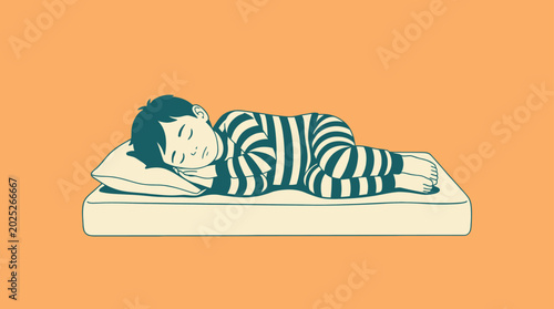 Photos Child sleeping soundly on mattress and pillow in striped pajamas