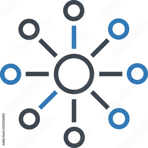 Central circle connected to eight smaller circles with lines, blue and black connection network