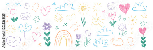Foto Cute kids nature elements and love heart doodle set
