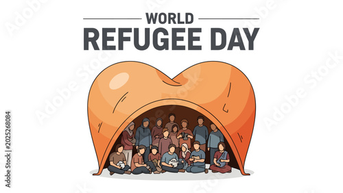 Obraz na płótnie World Refugee Day Illustration: A group of people seeking shelter under a heart-shaped structure, symbolizing support and compassion for refugees worldwide on World Refugee Day