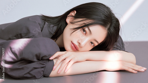 美しい女性のメイクとネイルのビューティーポートレート　美容クローズアップ