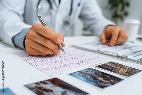 Hands of a medical professional in a lab coat writing on an EKG report