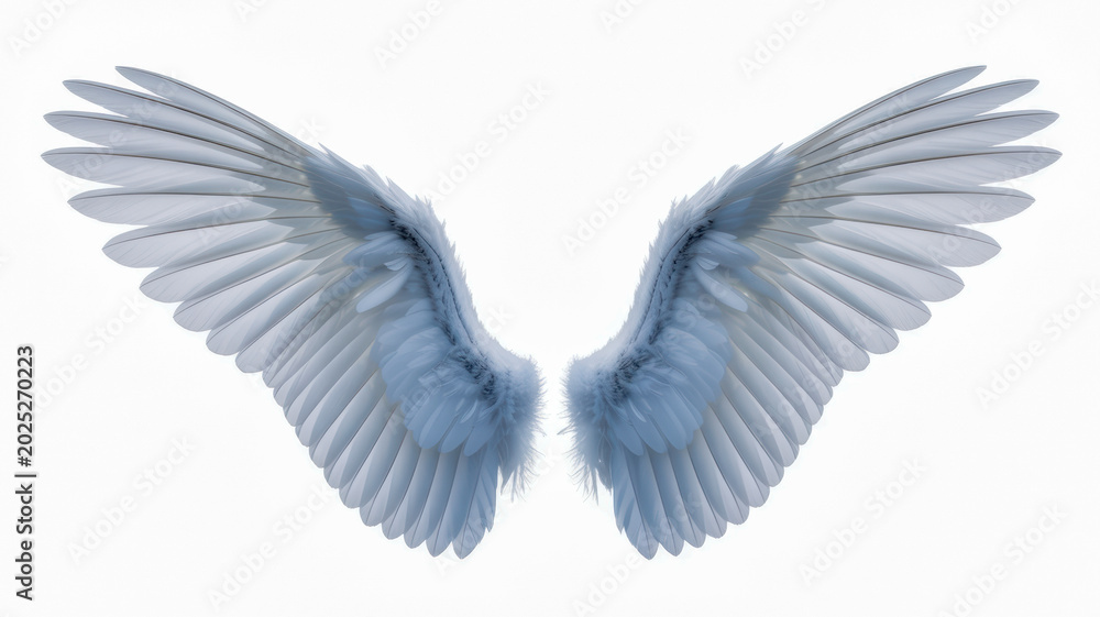Obraz premium Majestic pair of soft white feathered wings spread wide for flight captured in a detailed high quality studio photo on white background