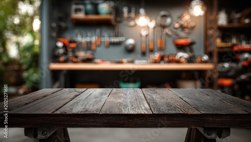 Rustic Wooden Table Surface in a Workshop Setting.