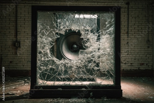 Broken Glass Speaker in Dark Industrial Setting.