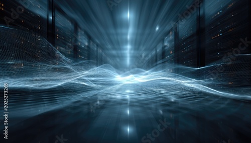 Abstract Blue Energy Waves Flowing Through Futuristic Tunnel.