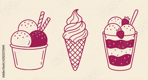 Obraz na plátně Vintage ice cream vector illustrations, retro hand drawn dessert set with soft s