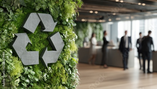 Modern Office Interior with Green Wall and Recycling Symbol.