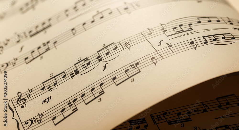 Fototapeta premium Close-up of sheet music pages with musical notes, staffs, and notation on warm vintage-toned paper. Ideal for music education, classical composition, or creative sound projects.