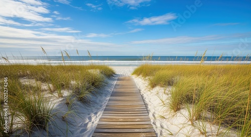 A wooden boardwalk winds through sandy dunes with golden grass toward the ocean. White sand, beach vegetation, and calm blue waters create a peaceful scene perfect for travel and relaxation.