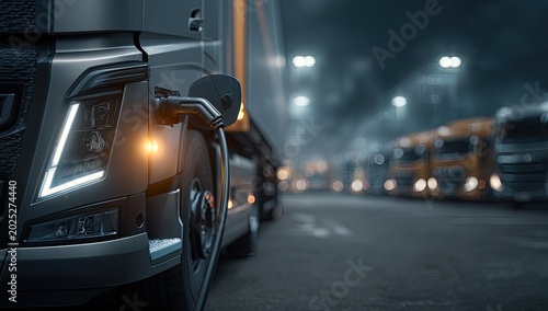 Modern electric semi-truck charging at a dimly lit depot at night