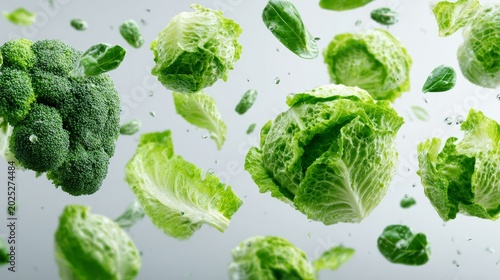Green vegetables such as lettuce, broccoli, and spinach floating in clean minimal white background, 8K, realistic light, copy space