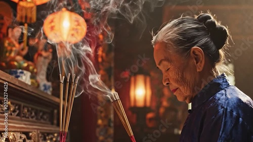 Elderly woman lighting incense in temple.