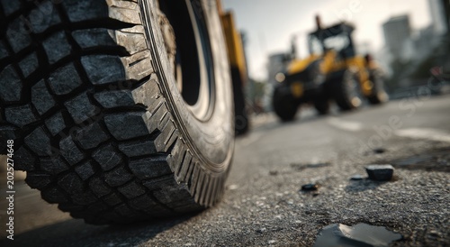 Close-up of a large vehicle tire on a cracked road with heavy machinery in background