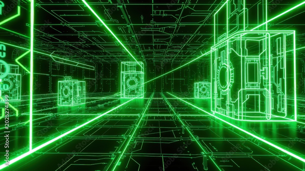 Fototapeta premium Neon green lines form tunnel perspective. Digital structures extend into darkness, creating futuristic space. Bright glow dominates scene.