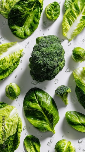 Green vegetables such as lettuce, broccoli, and spinach floating in clean minimal white background, 8K, realistic light, copy space