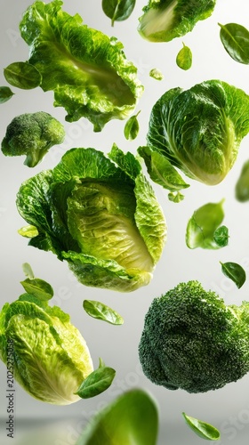 Green vegetables such as lettuce, broccoli, and spinach floating in clean minimal white background, 8K, realistic light, copy space