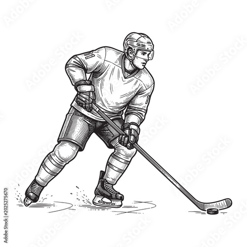 Photography Ice Hockey Player Skating with Puck, Detailed Vintage Sports Illustration