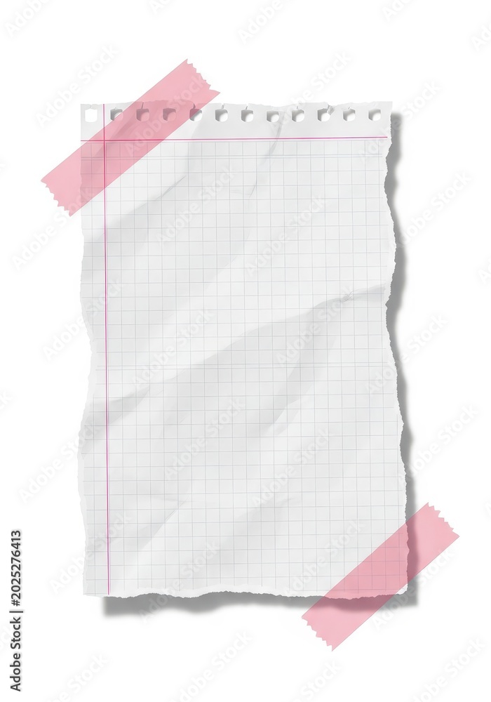 Fototapeta premium Crumpled Torn Squared Notebook Paper with Pink Washi Tape on White Background for Note and Message Mockup