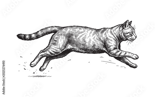Foto Fast Running Tabby Cat Sketch, Vintage Hand-Drawn Domestic Feline Etching