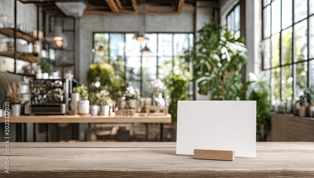 Fototapeta premium Blank White Card on a Wooden Table in a Cafe Interior.