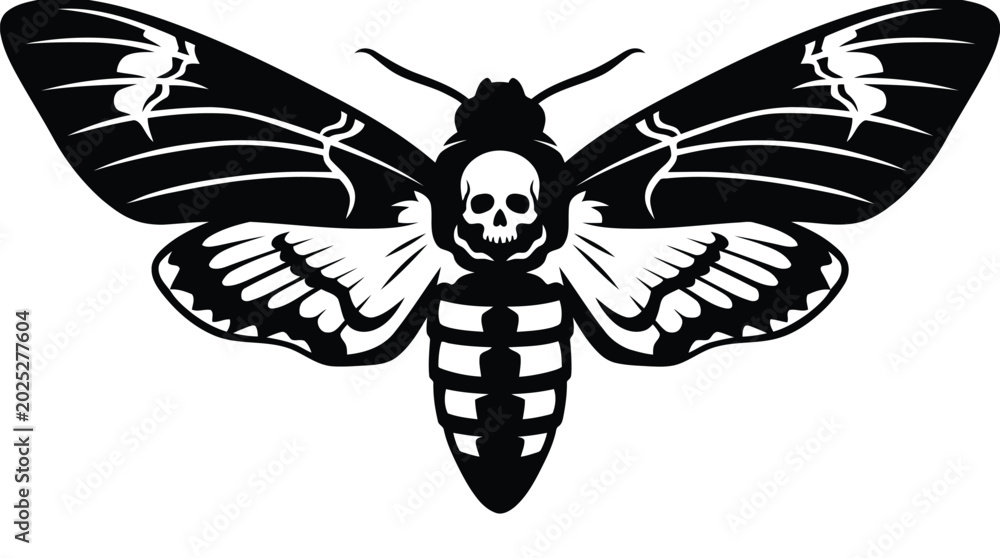 Fototapeta premium Mysterious black moth silhouette with skull head illustration isolated on white background