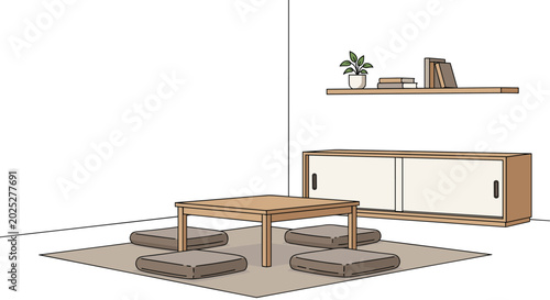 Minimalist Japanese-style living room with a low square wooden table, floor cushions, a wall-mounted shelf with books and a plant, and a long low cabinet, creating a simple and peaceful ambiance.