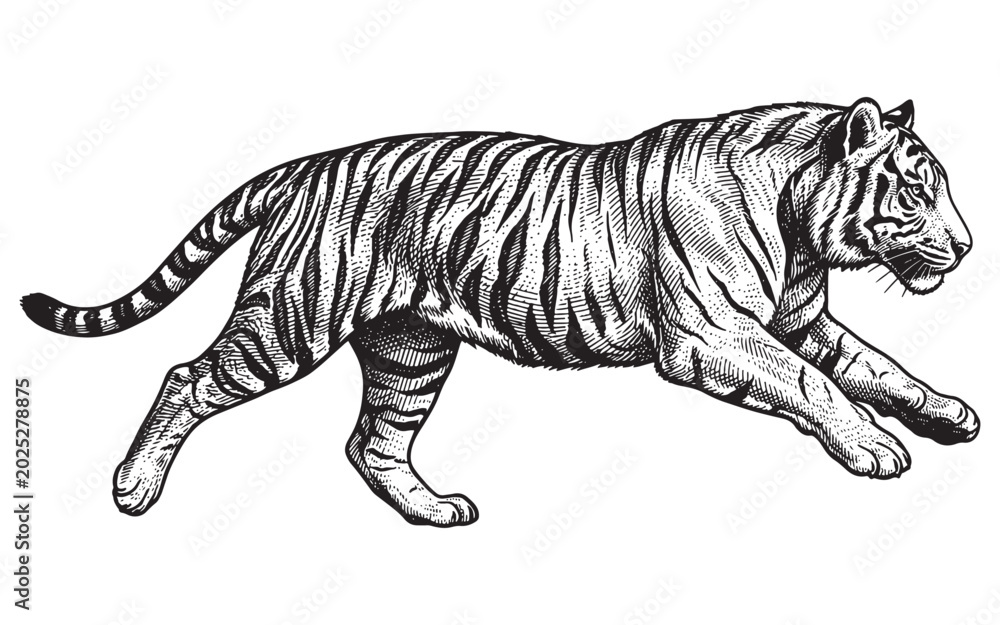 Fototapeta premium Galloping Bengal Tiger Wildlife Illustration, Vintage Hand-Drawn Engraving Style