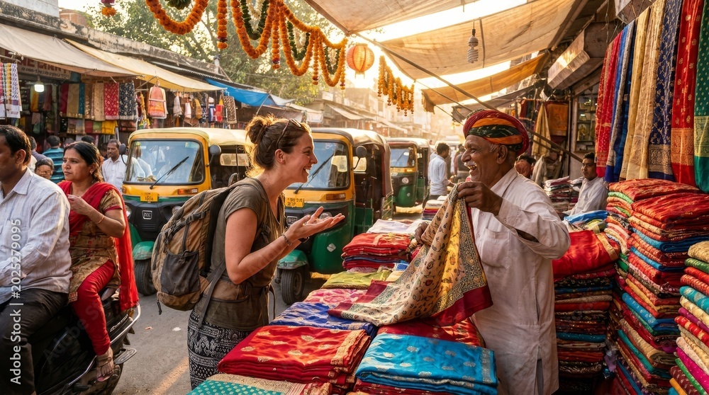 Fototapeta premium Tourist interacting with vendor at a vibrant textile market in India