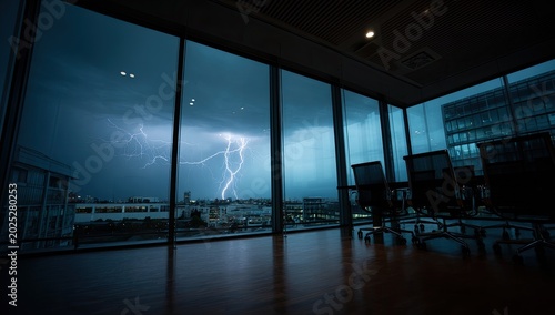 Dramatic Lightning Strike Illuminates City Skyline Through Large Office Window.